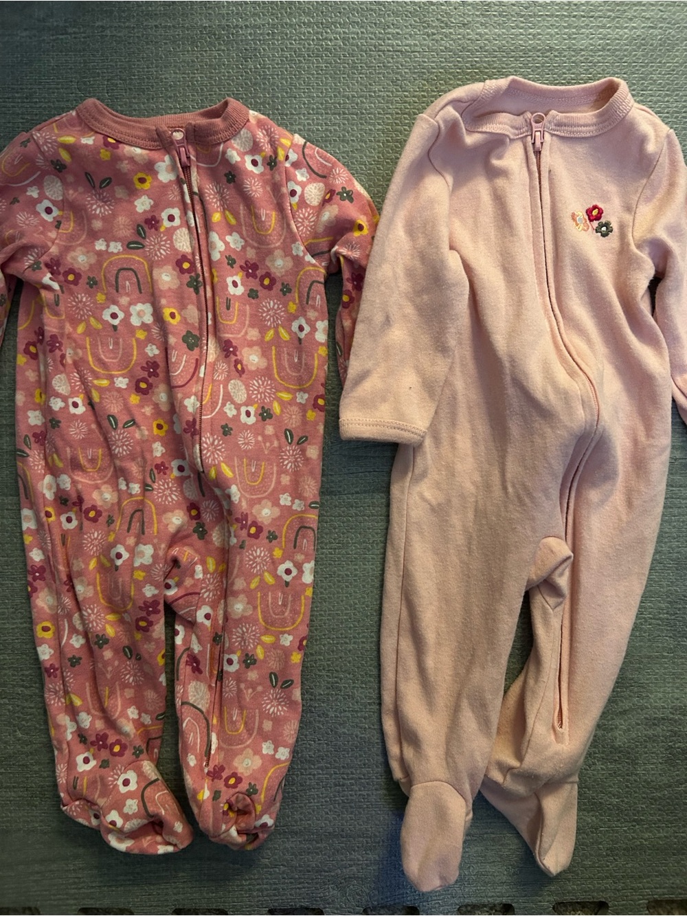 Pink Floral Print & Solid Pink Footed One-Piece Pajamas for Kids. Size 3M